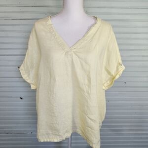 Isaac Rizhari Butter Yellow 100% Linen Lagenlook V-neck Blouse Women's Size XL